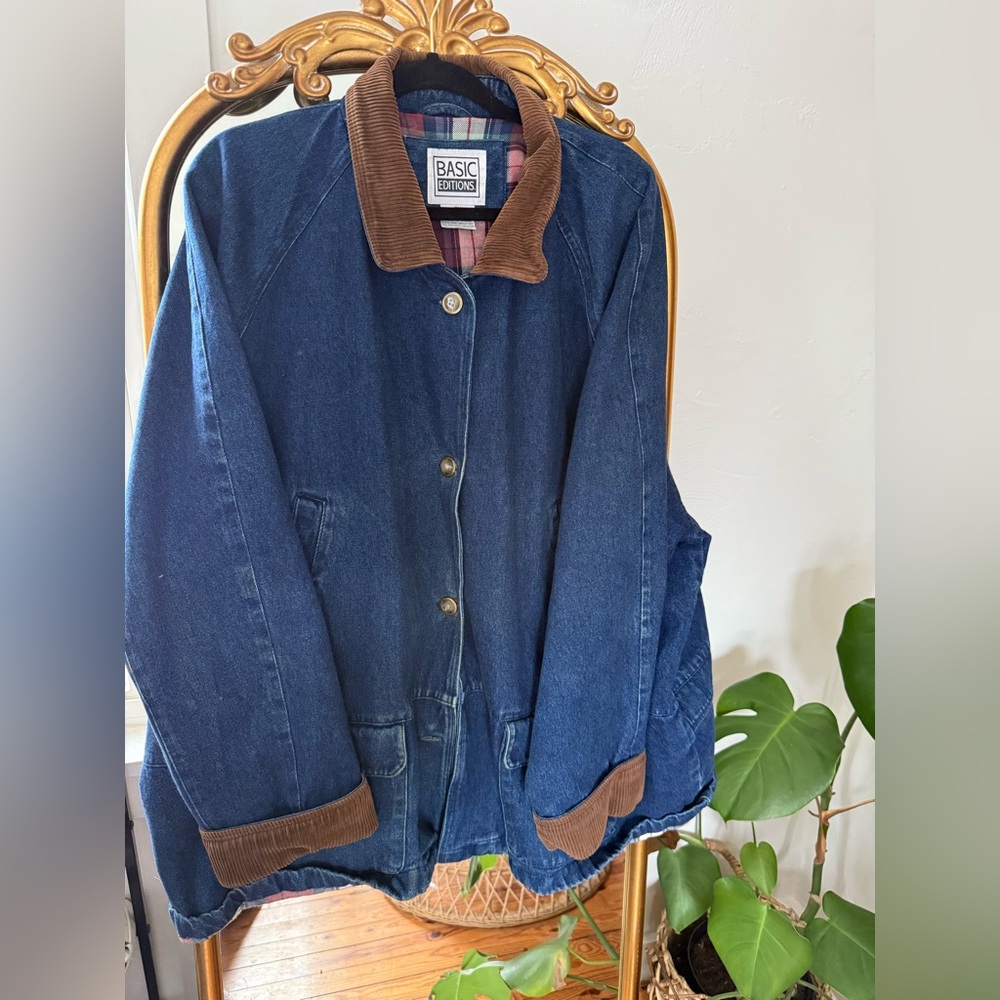 90s Blue Denim Chore Jacket with Brown Trim
